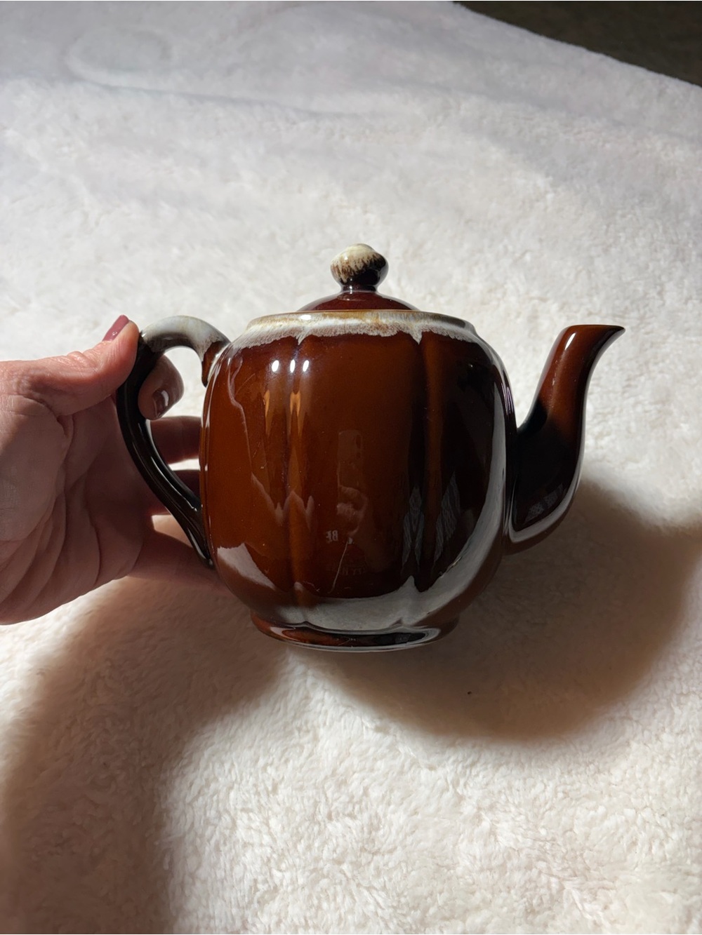 Glazed Brown Ceramic Teapot with Cream Trim